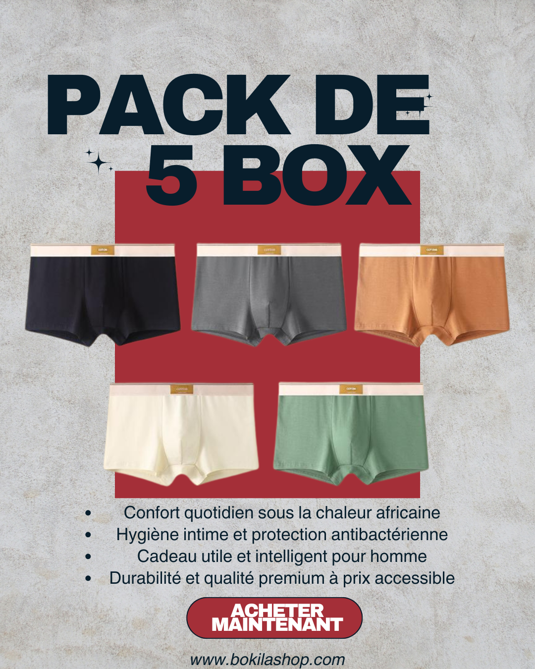 Lots de 5 Boxers Homme en Coton Doux Premium  Pack de 5