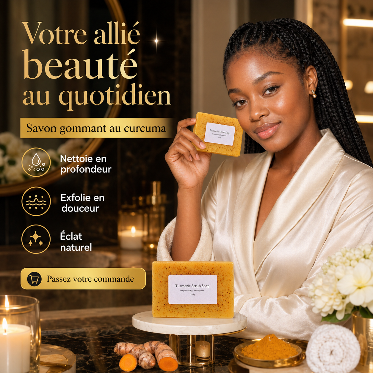 Promotion Fête du Travail Savon Éclaircissant Curcuma & Kojic – Anti‑Taches et Teint Lumineux