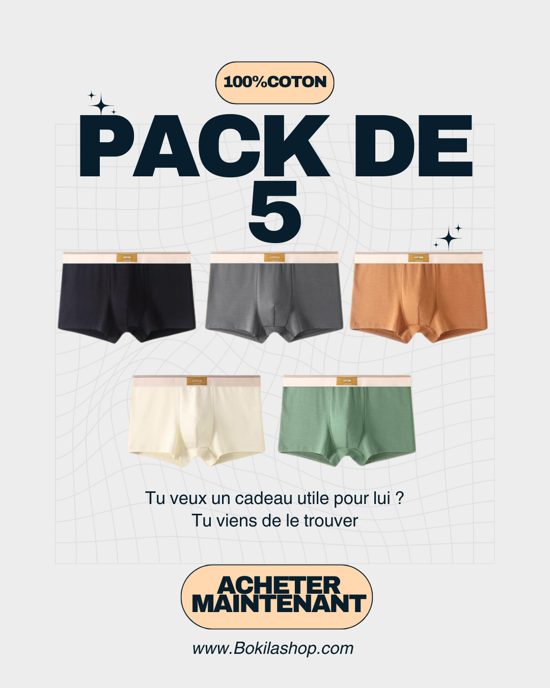 Lots de 5 Boxers Homme en Coton Doux Premium  Pack de 5