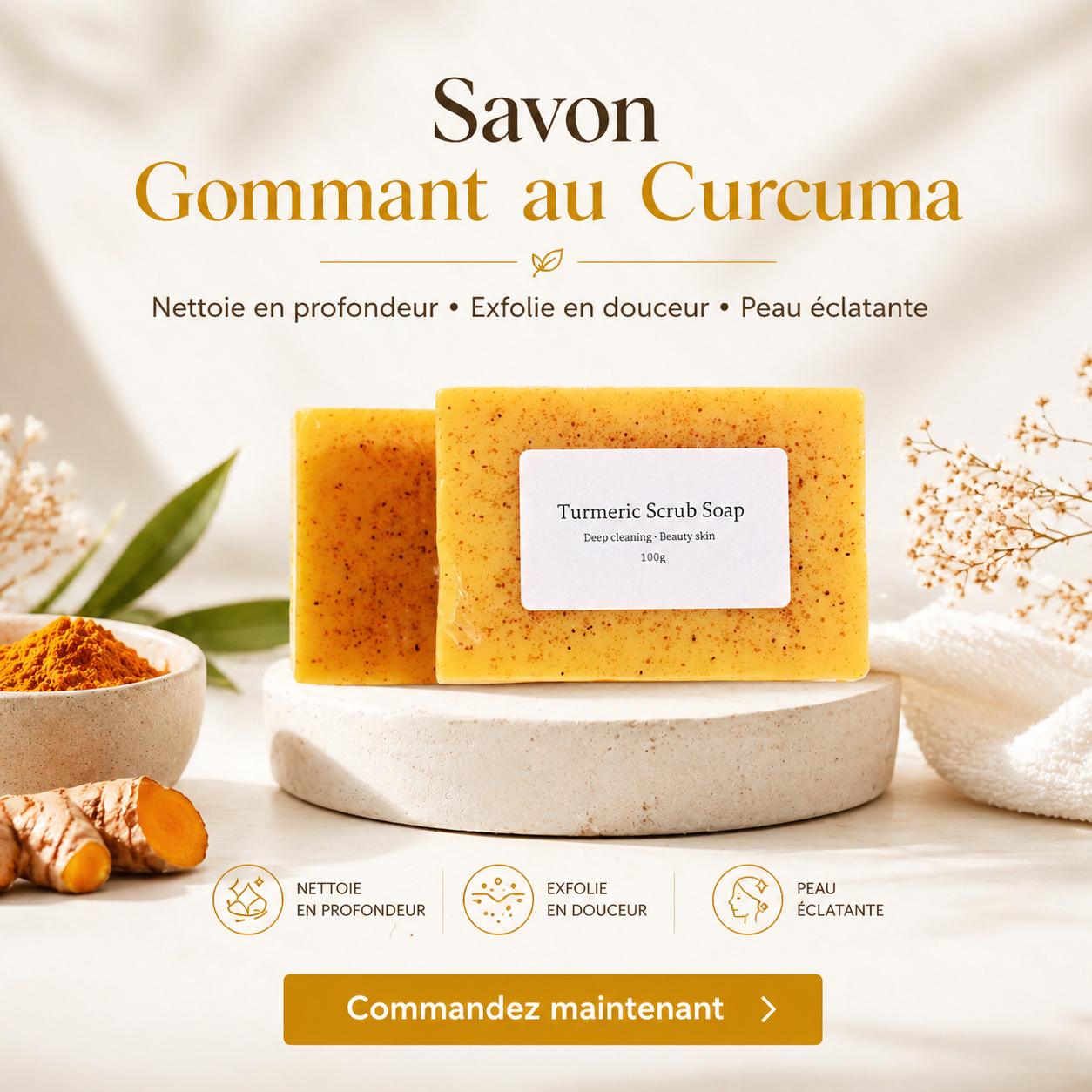 Promotion Fête du Travail Savon Éclaircissant Curcuma & Kojic – Anti‑Taches et Teint Lumineux