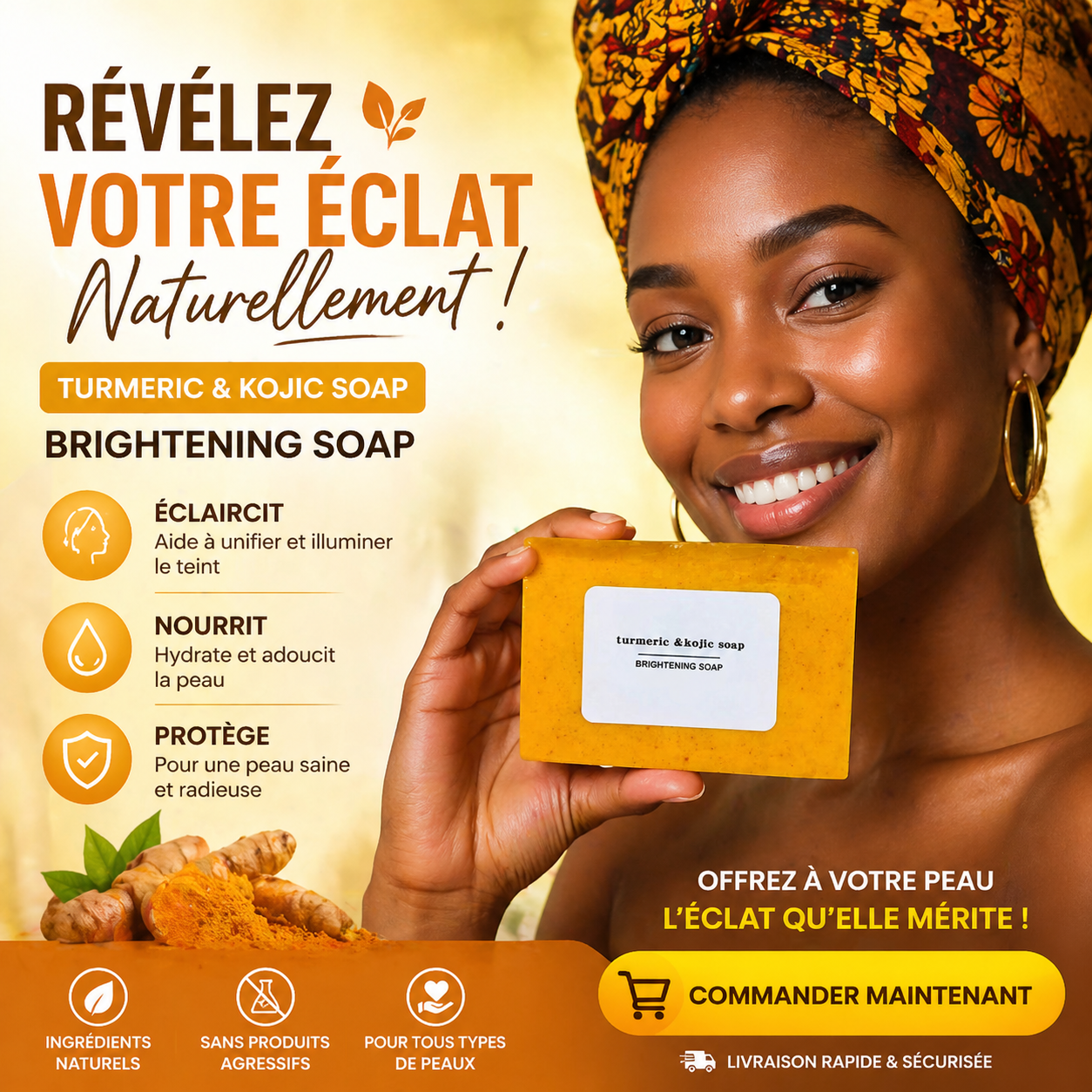 Promotion Fête du Travail Savon Éclaircissant Curcuma & Kojic – Anti‑Taches et Teint Lumineux