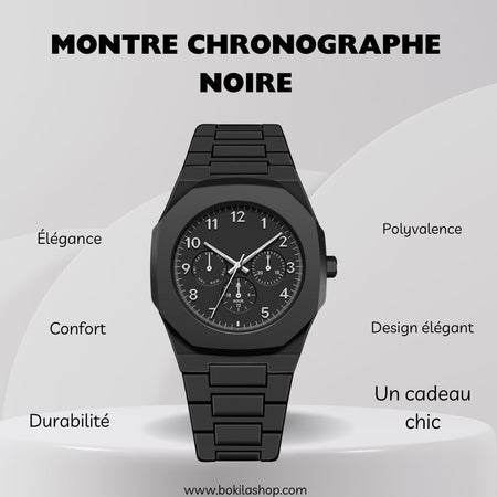 Montre Chronographe Noire avec Bracelet en Plastique - Design Moderne et Élégant